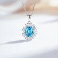 Detailed macro of S925 sterling silver necklace with oval blue gemstone and zircon halo - With Chain / Sea Blue (XL045)