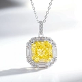 Radiant cut yellow gemstone necklace with silver chain and halo diamond pendant - Vivid Yellow With Cross Chain (XL062)