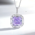 Macro shot of large square radiant cut purple gemstone pendant in S925 silver setting - Lavender Purple With Cross Chain (XL061)