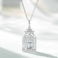 Macro shot of silver arch necklace with emerald-cut main stone and micro-pave diamond accents - XL422 Style / 925 Silver