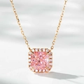 Macro shot of square pink gemstone pendant necklace with halo diamond and rose gold chain - Pink Square Stone Halo Necklace (XL086) / 925 Silver