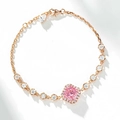 Detailed close-up of a rose gold bracelet featuring a square pink gemstone and pavé diamonds - Pink Square Stone Halo Bracelet (SL016) / 925 Silver