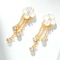 Macro shot of gold tassel drop earrings with white shell flower and dangling crystals - Mother of Pearl Stud Earrings (ED237-T)