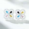Detailed view of S925 silver clover earrings with colorful zircon stones and fine inlay - 925 Silver / Multicolor (ED022)