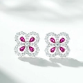 Dettaglio orecchini a quadrifoglio in argento con pietre rosse a pera e zirconi incastonati - Argento 925 / Rosso Rosa (ED004)