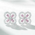 Macro view of clover stud earrings with pink pear-cut gemstones and S925 silver finish - 925 Silver / Light Pink (ED005)