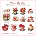 Winter Black Tea themed vintage PET stickers with floral and teapot designs 20pcs - Winter Black Tea Style