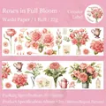Vintage pink floral washi tape with manor diary botanical illustrations and tea set design - Rose Blooming
