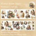 Vintage floral diary washi tape 60mm wide featuring retro typewriter and botanic motifs - Flower Room Diary