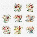 Vintage floral tea cup PET stickers set, 24 pieces of retro scrapbook DIY flower decals - Ancient Charm