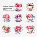 Vintage PET floral stickers featuring elegant European tea cups and realistic roses - Vintage Elegance