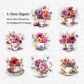 Vintage floral PET stickers with elegant hand-drawn flower and teacup illustrations - Classic Grace