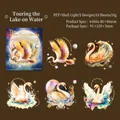 Dreamy swan-themed shell-light PET stickers with gold and starry sky details 10pcs - Swan Swimming on Lake