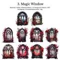 Gothic Magic Window PET stickers featuring stained glass patterns and red roses 10pcs - Magic Window