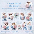 Nastro decorativo in PET tema ragazza primaverile con fiori vintage e illustrazioni - Bouquet Blu