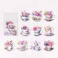 Set de 20 pegatinas florales Garden Party en PET transparente con diseños de tazas de té - Tenue Fragancia Floral
