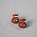Miniature red glaze money bag stud earrings with brass gold plating and pearls - Red Fortune Bag Style (Earrings)