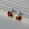 Chinese style red flocked rocking horse earrings with pearls and 925 silver needles - Pearl Horse