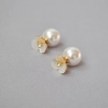 Detailed view of white shell clover earrings with large pearl back and gold plating - Stud Earrings With Pearl Backers