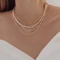 Layered gold necklace set with paperclip chain, white pearls and a Y-shaped heart pendant - Bare Chain Without Pendant