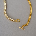 Asymmetric gold-plated necklace featuring tennis chain and cuban links with OT toggle clasp - Gold