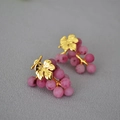 Pendientes vintage de plata 925 con hoja dorada y cuentas de uva en color rosa - Morado