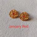 Artistic hammered gold stud earrings with round red garnet stone for January birthday - 1.5cm-January Red