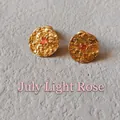 Detail of July Rose Pink birthstone stud earring with hammered gold texture and silver pin - 1.5cm-July Rose Pink