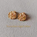 Detail of gold hammer-textured stud earrings with November pale yellow gemstones - 1.5cm-November Pale Yellow