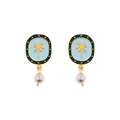 Vintage gold earrings with blue enamel palm tree and white pearl pendant drop - Blue Coconut Tree (MYE0472-GD-YZ)