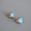 French retro heart earrings with gold brass and light blue marble enamel finish - Blue