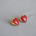 Orecchini a cuore in ottone placcato oro con finitura in smalto rosso lucido da donna - Rosso