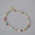 Handmade mixed gemstone and freshwater pearl beaded necklace with gold lobster clasp closure - Necklace 1