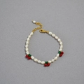 French style pearl bracelet with red cherry beads and adjustable gold lobster clasp - Cherry Freshwater Rice Pearl Style