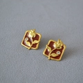 Vintage gold plated brass square studs with rose enamel and sparkling cubic zirconia - Gold Rose Flower Deep Red Enamel Square Stud Earrings (2)