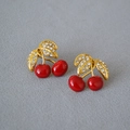 Retro brass gold plated cherry earrings with red enamel and sparkling crystal leaves - Red Cherry Rhinestone Stud Earrings(4)