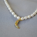 French retro necklace with freshwater pearls and a gold moon pendant with colored zircons - White (With Gold Moon)