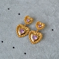 Vintage gold brass heart earrings with pink zircon and twisted rope edge detail - Pink Heart (MYE0643-WG)
