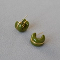 Olive green chunky C-shaped hoop earrings with gold line accent shown at a 45-degree angle - Olive Green