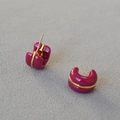 Detail view of chunky C-shaped hoop earrings with vintage purple enamel and gold trim - Purple