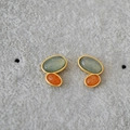 Vintage gold plated brass earrings with light green and orange oval stones in vertical style - Dual-Color Natural Stone Oval Style (MYE0697-WG)