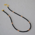 French vintage beaded necklace with black and red agate beads and gold clasp closure - Black Round Beads + Red Agate Necklace