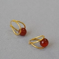 French style gold plated double loop hoop earrings with red agate beads for women - Gold + Red Agate