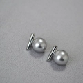 Detail of silver bar earring with grey faux pearl on textured fabric background - Silver Gray 12mm