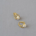 French style brass gold plated double hoop earrings with white pearls and geometric lines - Gold + Creamy Artificial Pearl