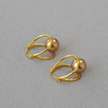 Detail of gold double-ring earrings with champagne pearl on textured grey fabric - Gold + Champagne Artificial Pearl