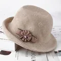 Elegant dark beige knit sun hat with floral bow detail on a fashion magazine - One Size 57cm / Dark Beige