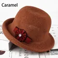 Detail of caramel knit sun hat with side floral bow and breathable hollow pattern - One Size 57cm / Caramel