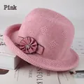 Chapeau de soleil en tricot rose avec détail floral et motif jacquard ajouré pour femme - Taille Unique 57cm / Rose