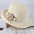Elegant light beige knit sun hat with floral ribbon decoration and wavy brim for women - One Size 57cm / Light Beige